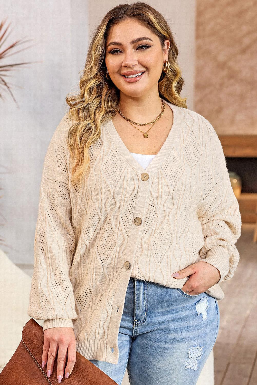 Plus Size Cable-Knit Button Up Sweater - ClubOn