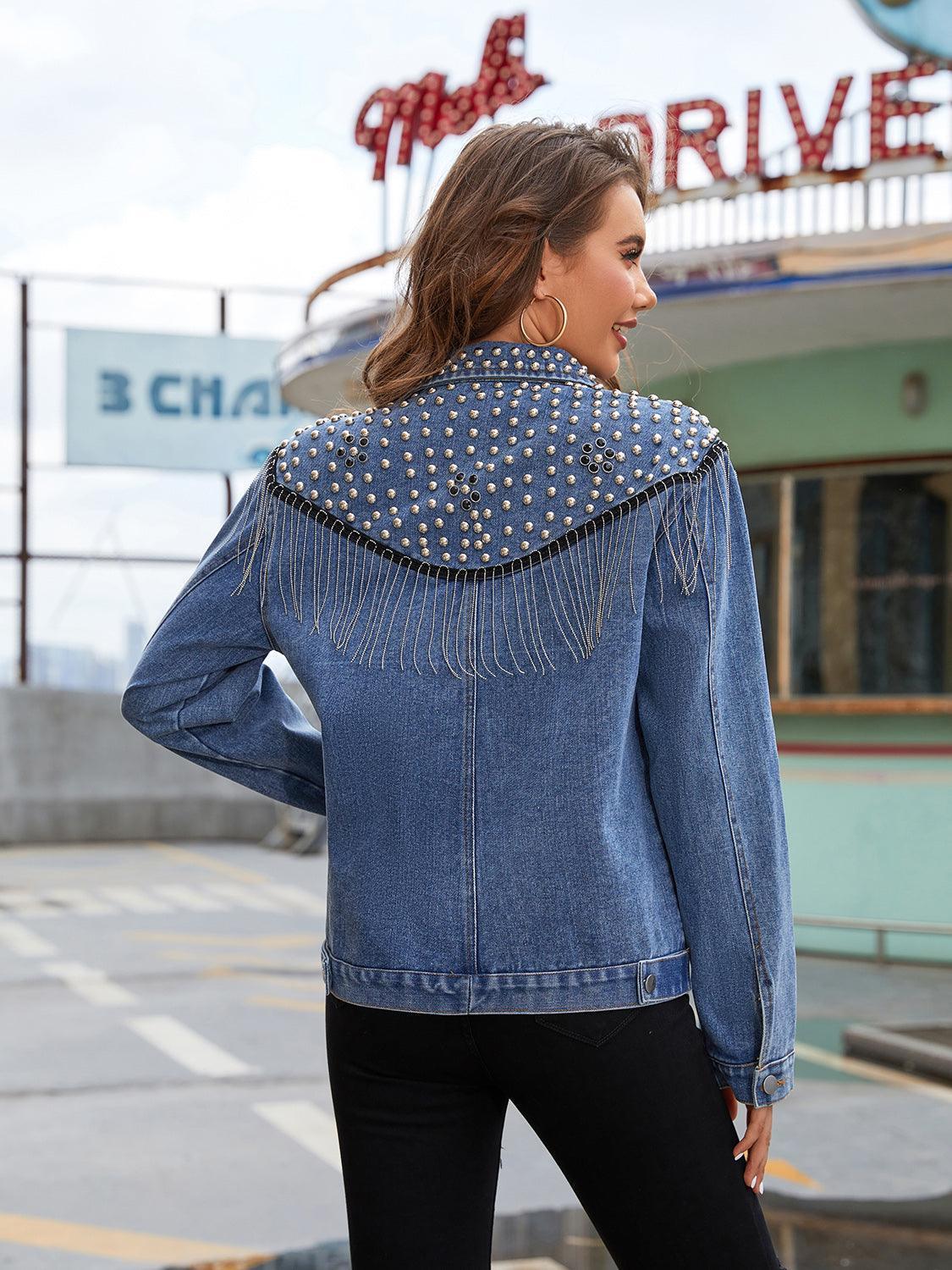 Studded Fringe Button Down Denim Jacket - ClubOn