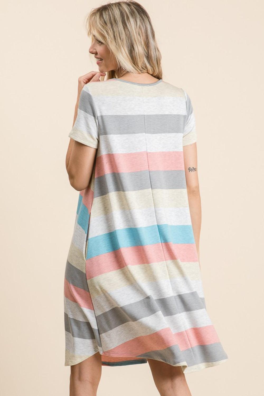 BOMBOM Striped Short Sleeve Dress with Pockets - ClubOn