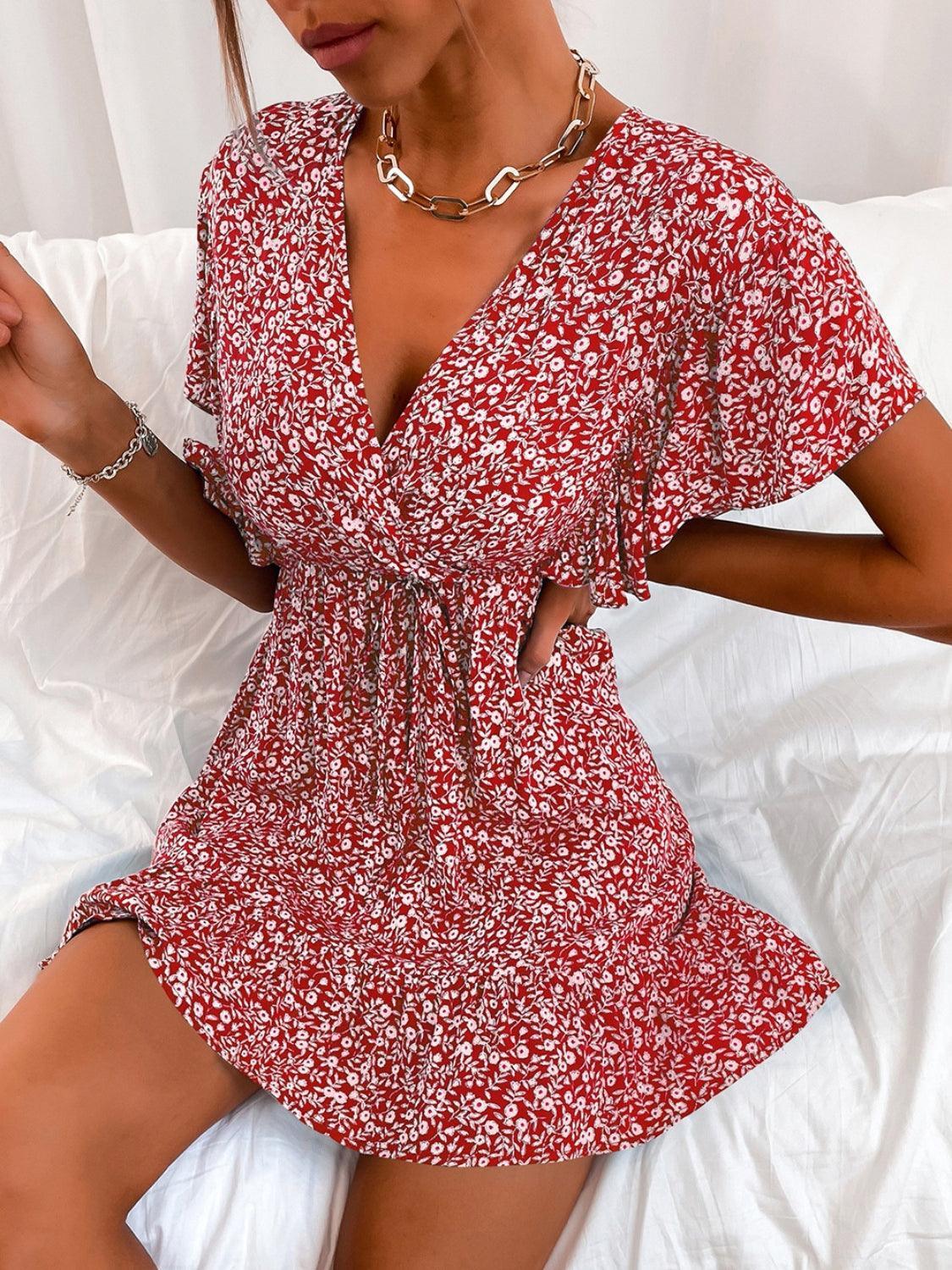 Cutout Ditsy Floral Surplice Flounce Sleeve Dress - ClubOn