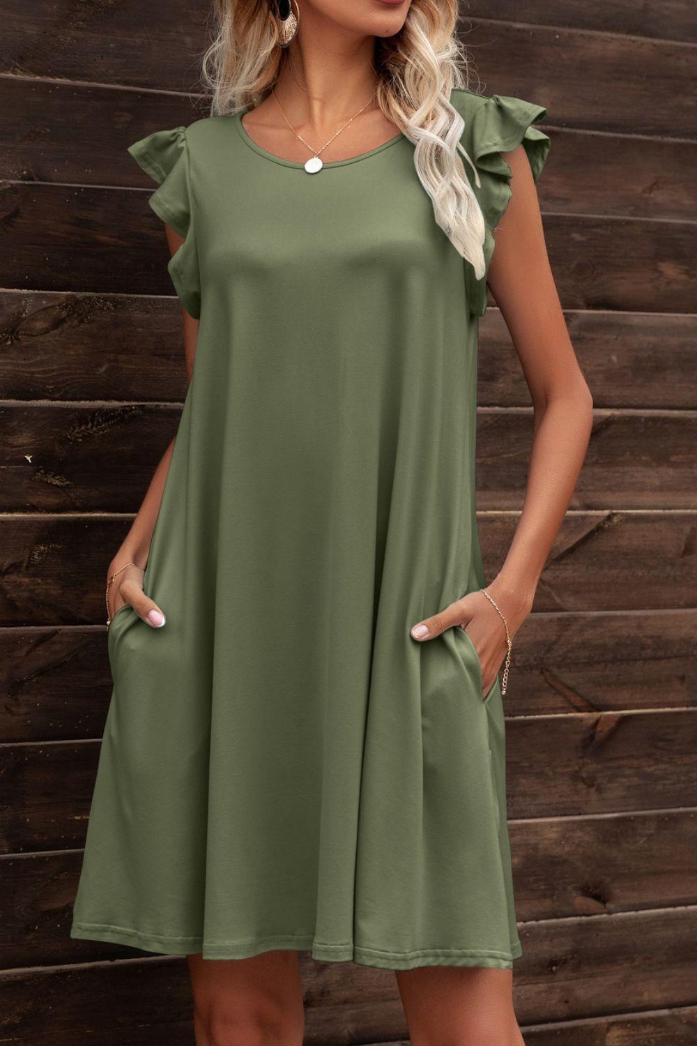 Butterfly Sleeve Round Neck Dress - ClubOn