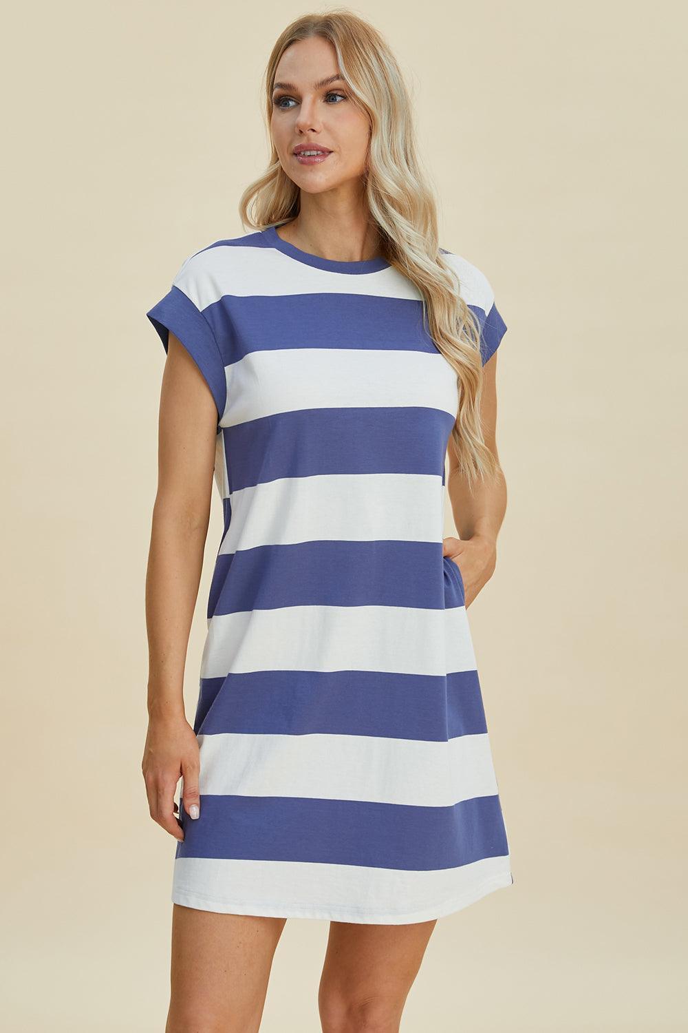 Basic Bae Full Size Striped Round Neck Cap Sleeve Mini Dress - ClubOn