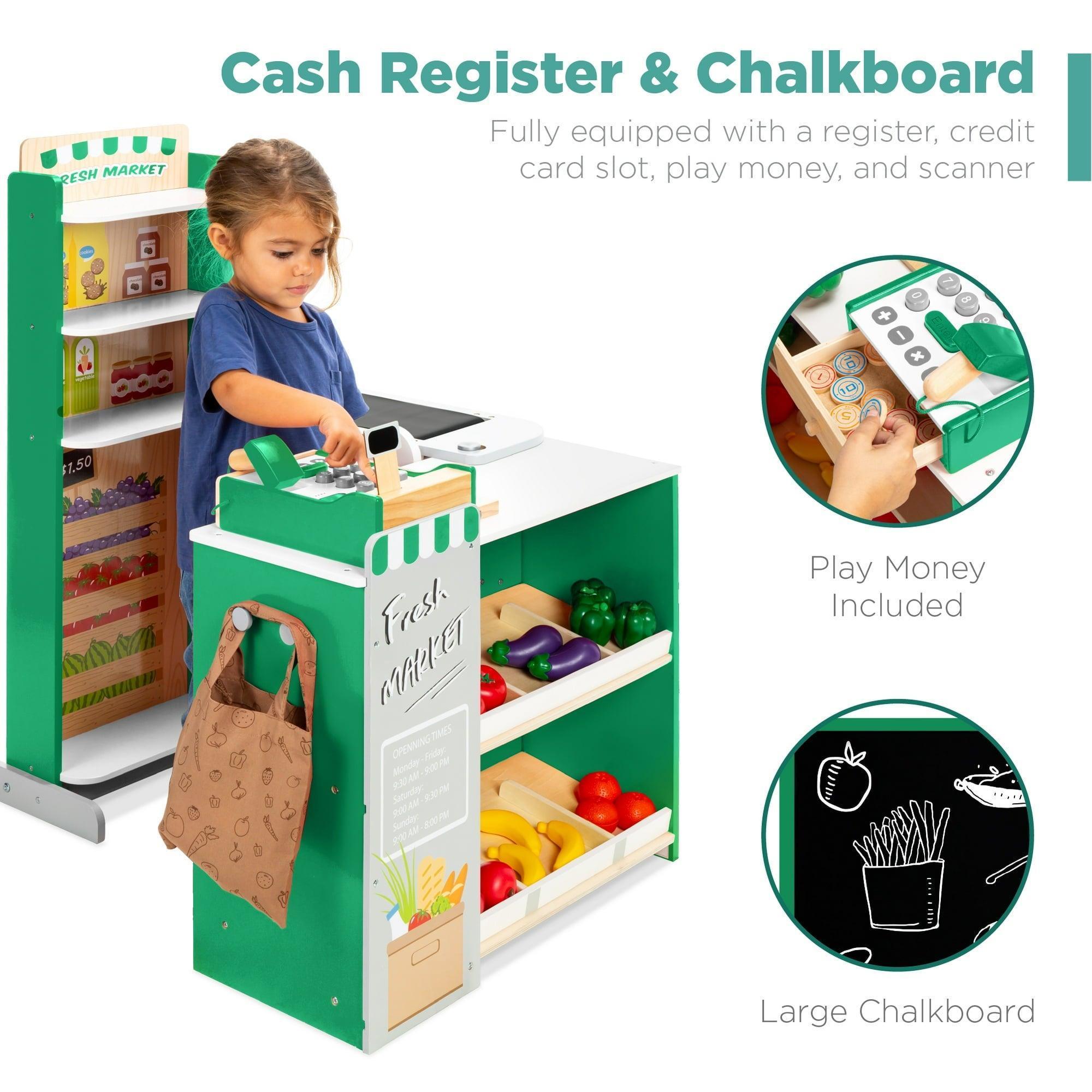 Best Choice Products Kids Pretend Play Grocery Store Wooden Supermarket Set with Chalkboard, Cash Register – Red - ClubOn