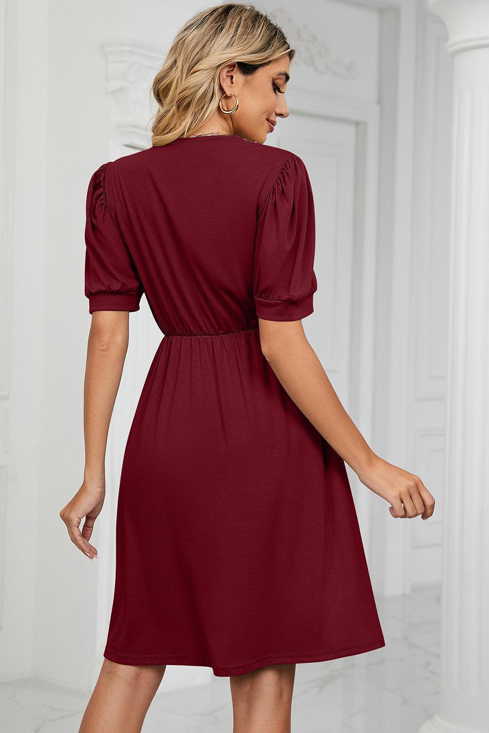 V-Neck Puff Sleeve Dress - ClubOn
