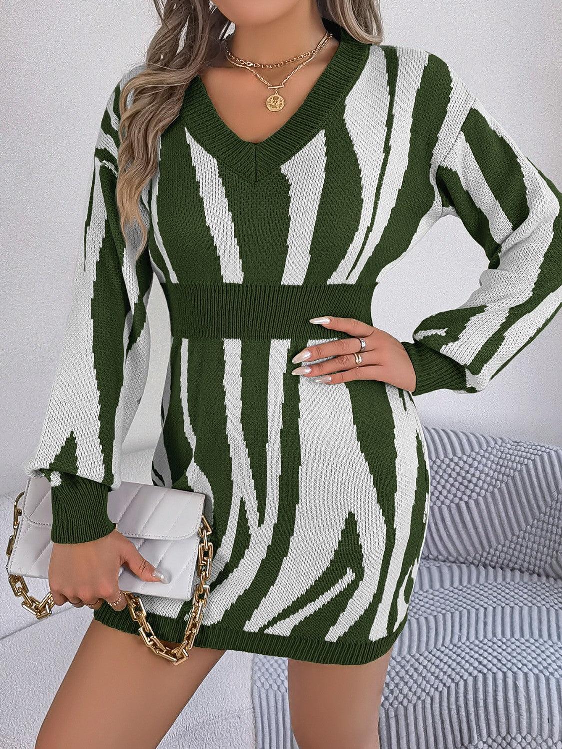 Animal Print V-Neck Long Sleeve Sweater Dress - ClubOn