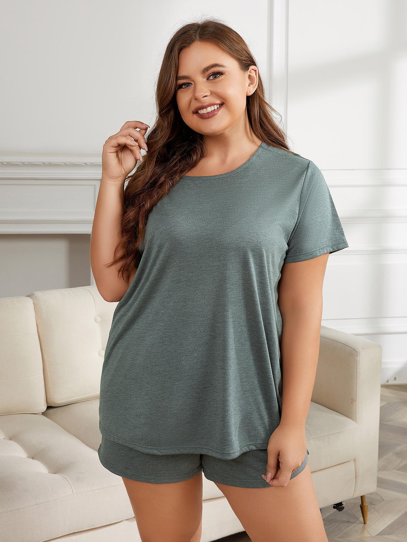 Plus Size Round Neck Short Sleeve Two-Piece Loungewear Set - ClubOn