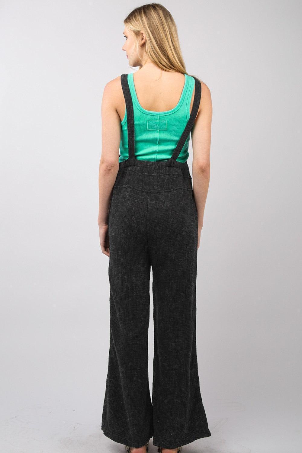 VERY J Texture Washed Wide Leg Overalls - ClubOn