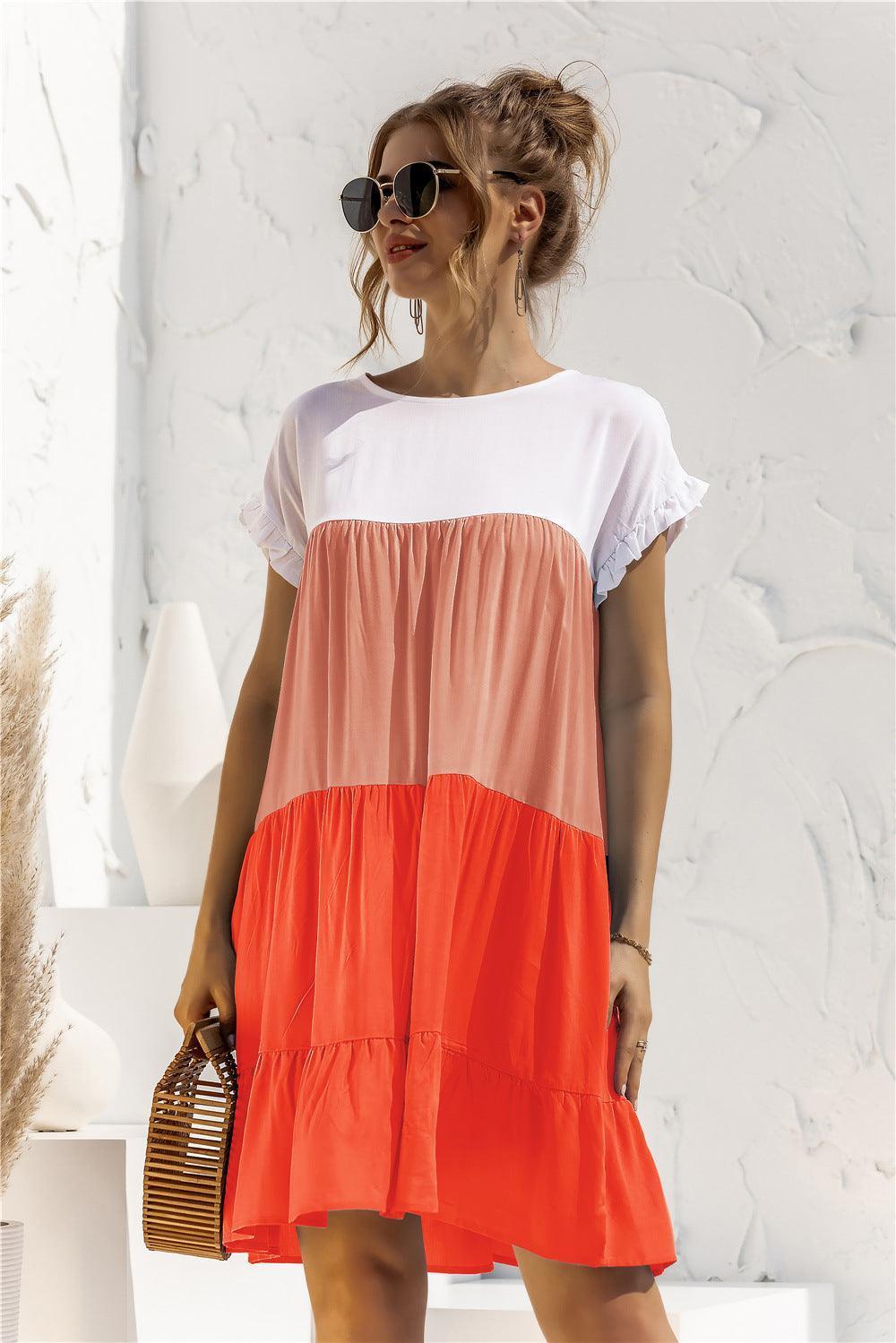 Color Block Round Neck Ruffle Hem Dress - ClubOn