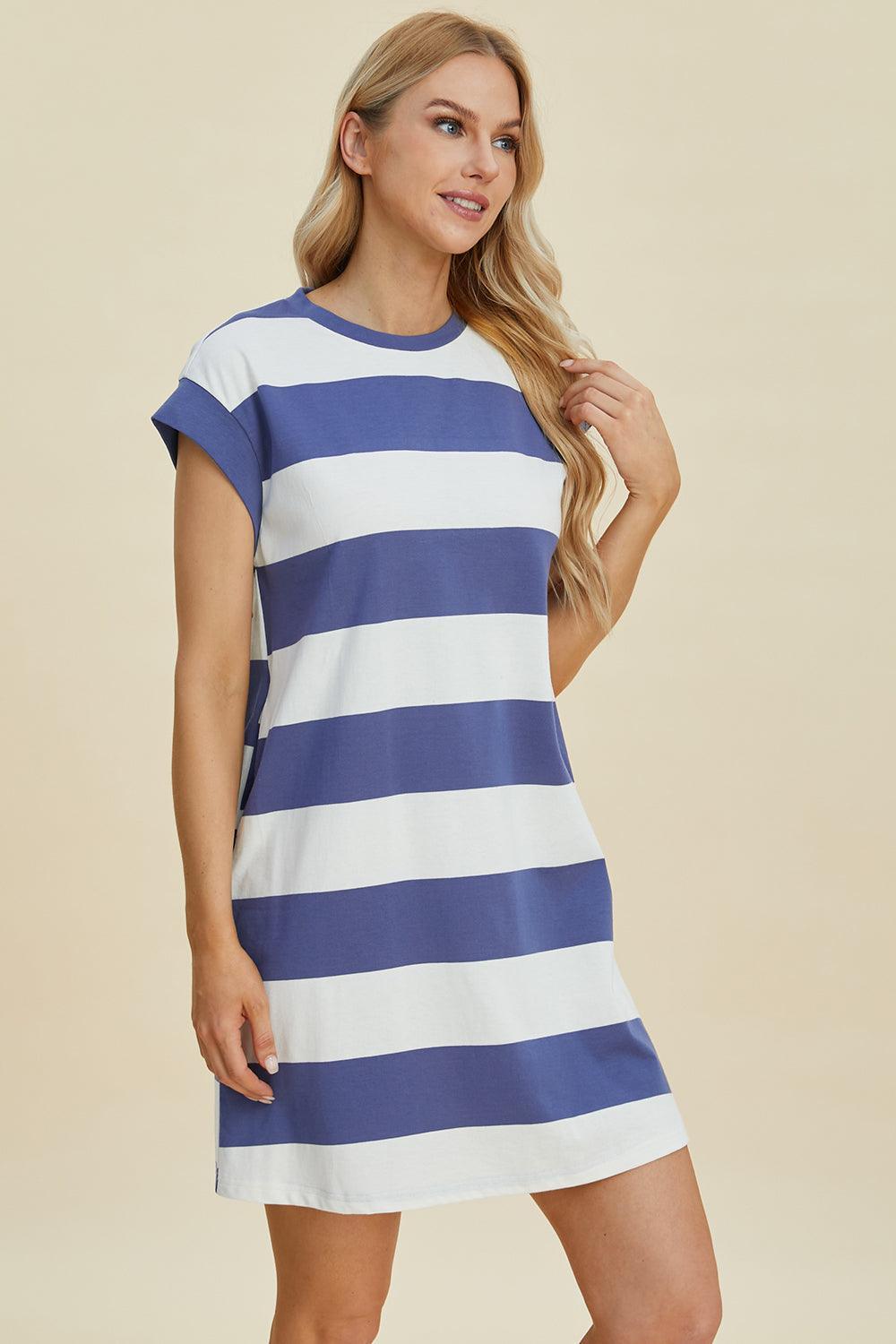 Basic Bae Full Size Striped Round Neck Cap Sleeve Mini Dress - ClubOn