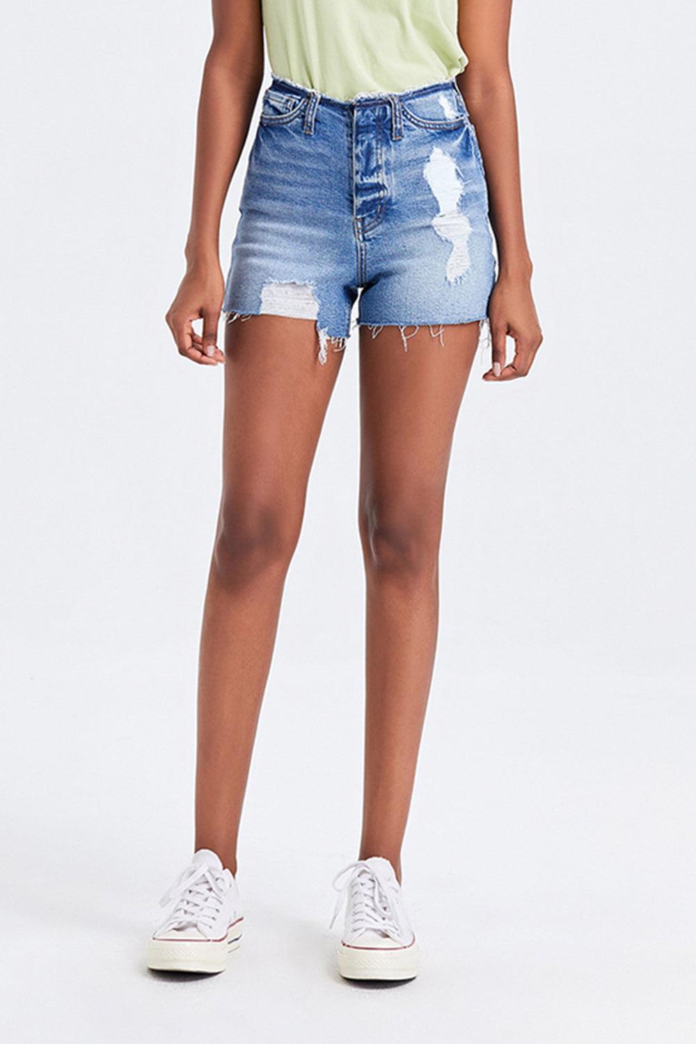 BAYEAS High Rise Bandless Denim Shorts - ClubOn