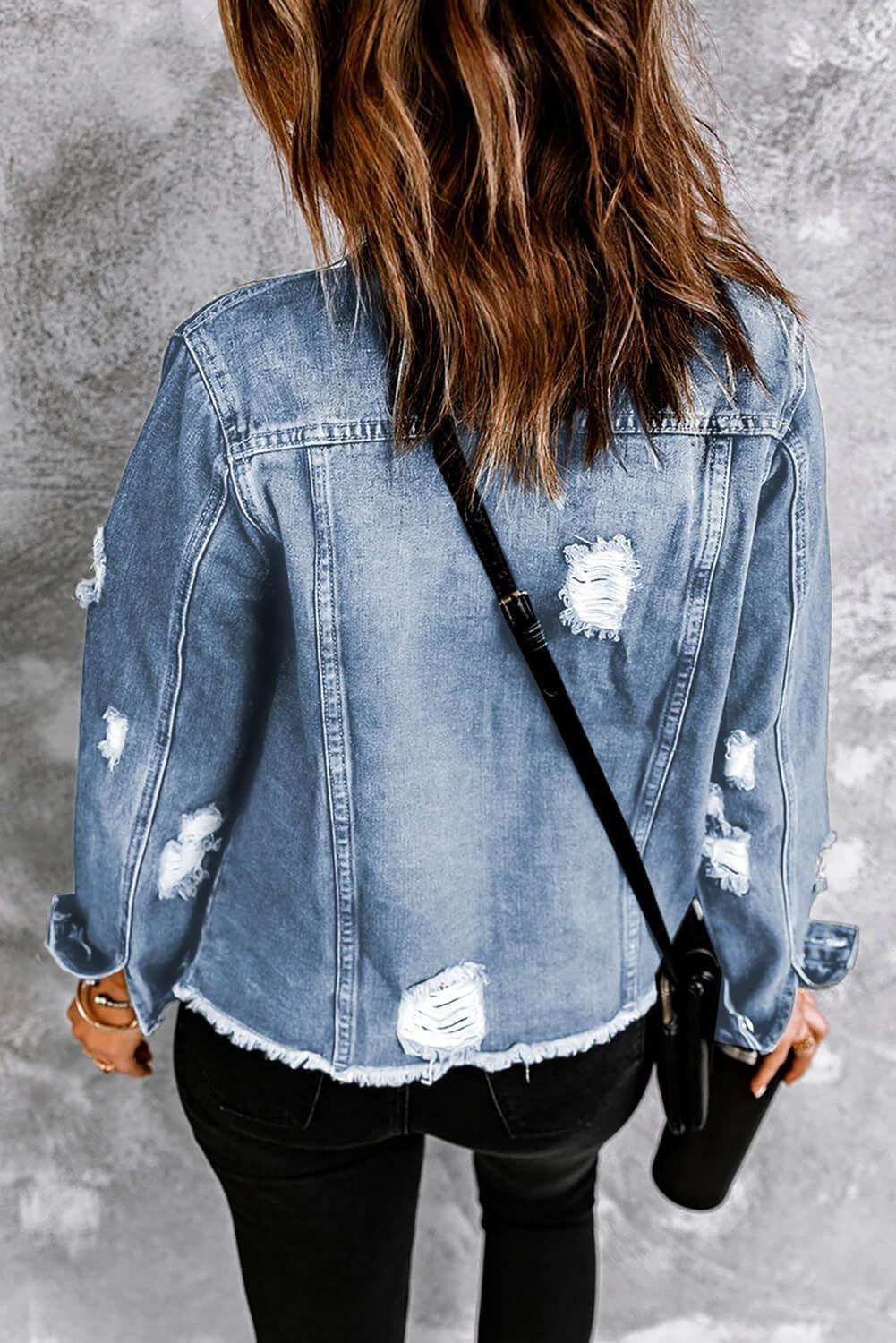 Distressed Raw Hem Denim Jacket - ClubOn
