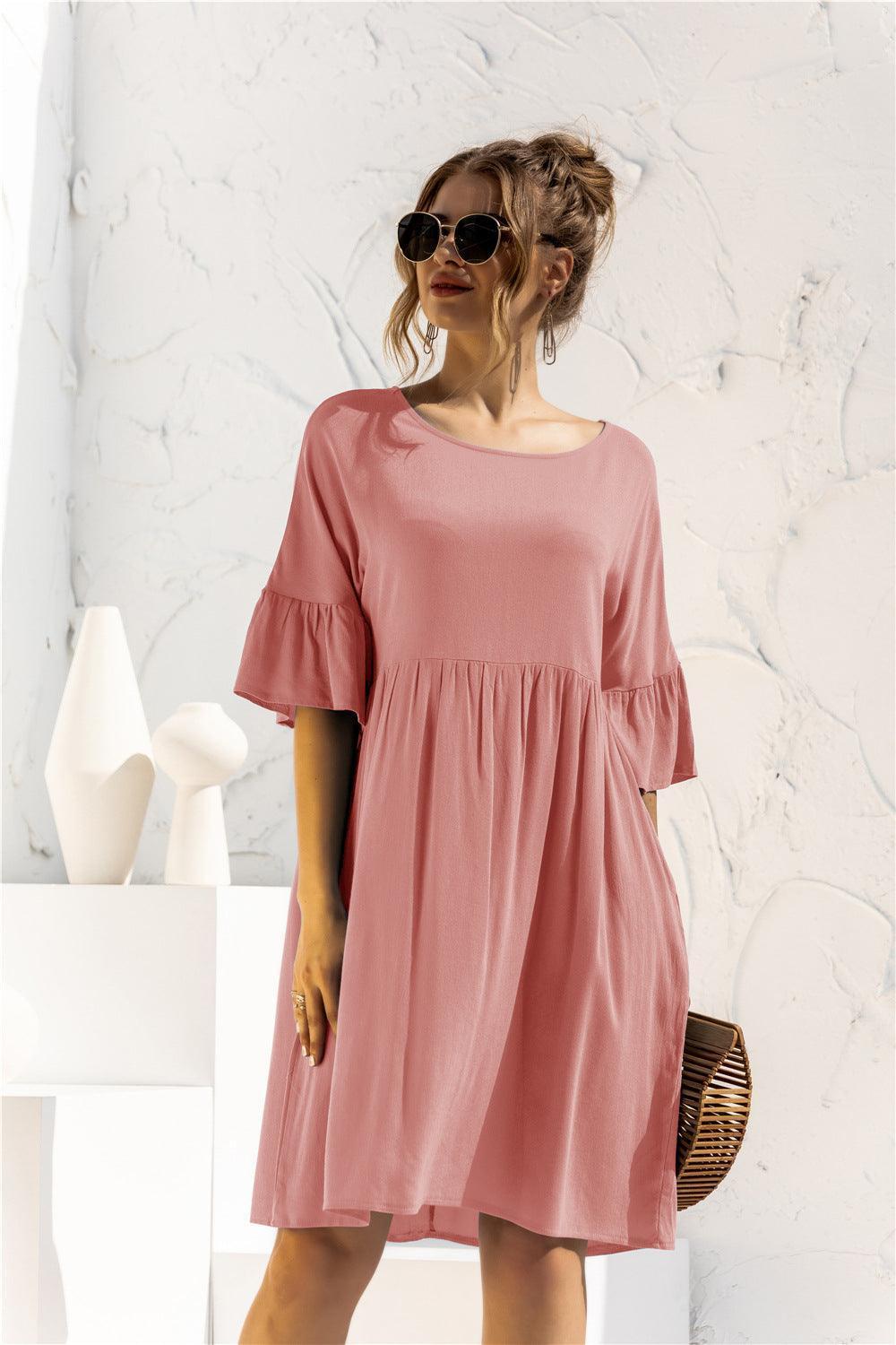Boat Neck Flounce Sleeve Knee-Length Dress - ClubOn