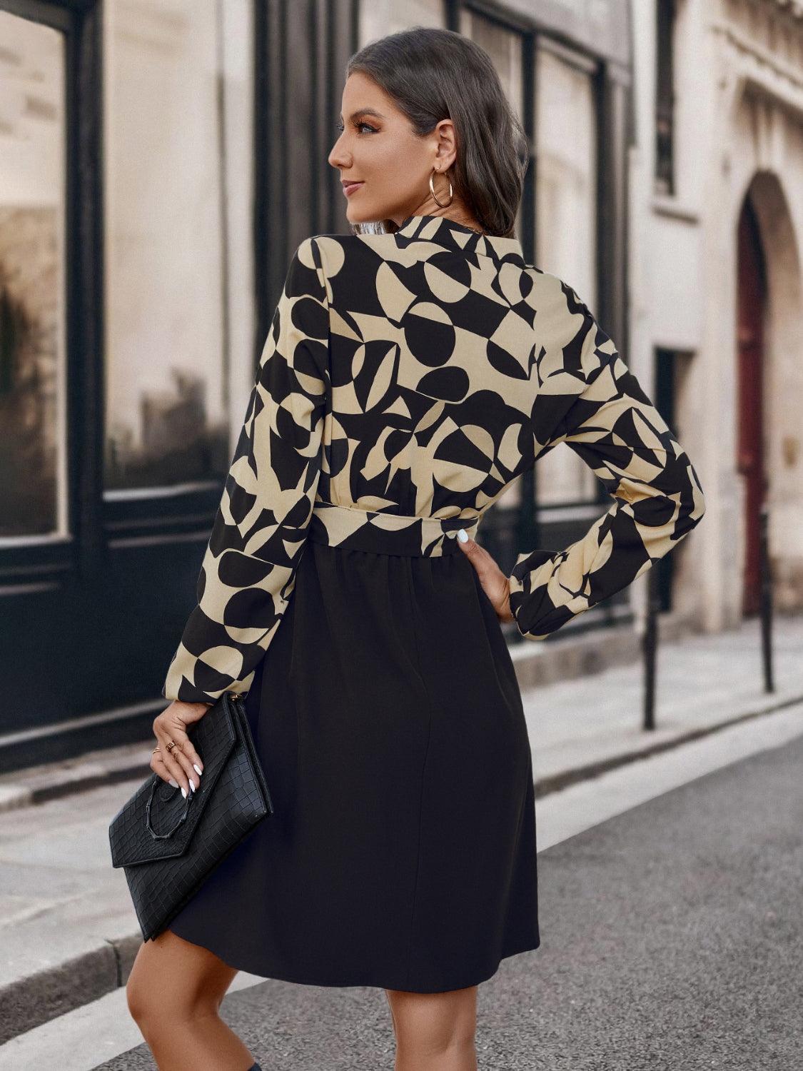 Contrast Notched Tie Front Long Sleeve Dress - ClubOn