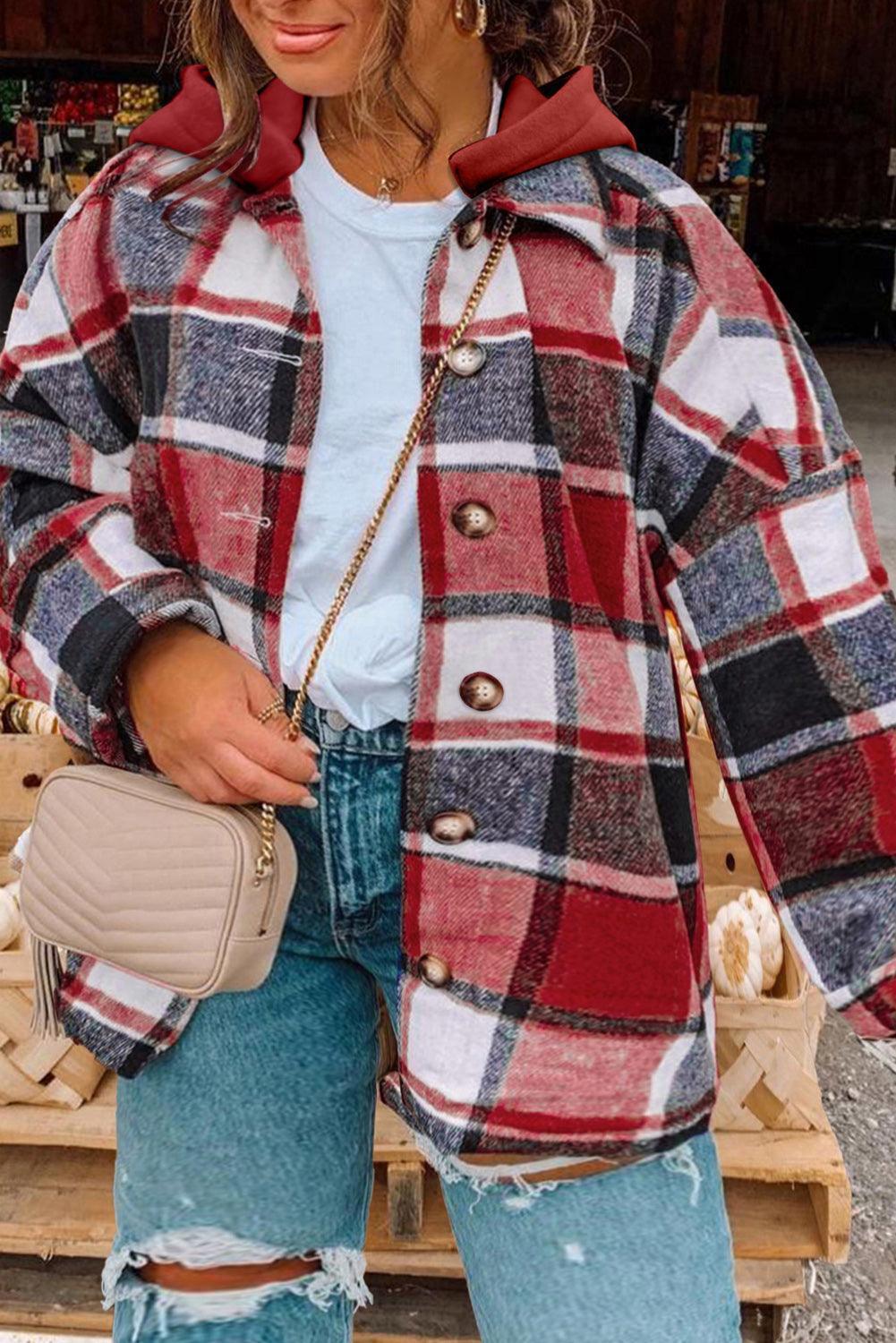 Plus Size Plaid Button Up Hooded Jacket - ClubOn
