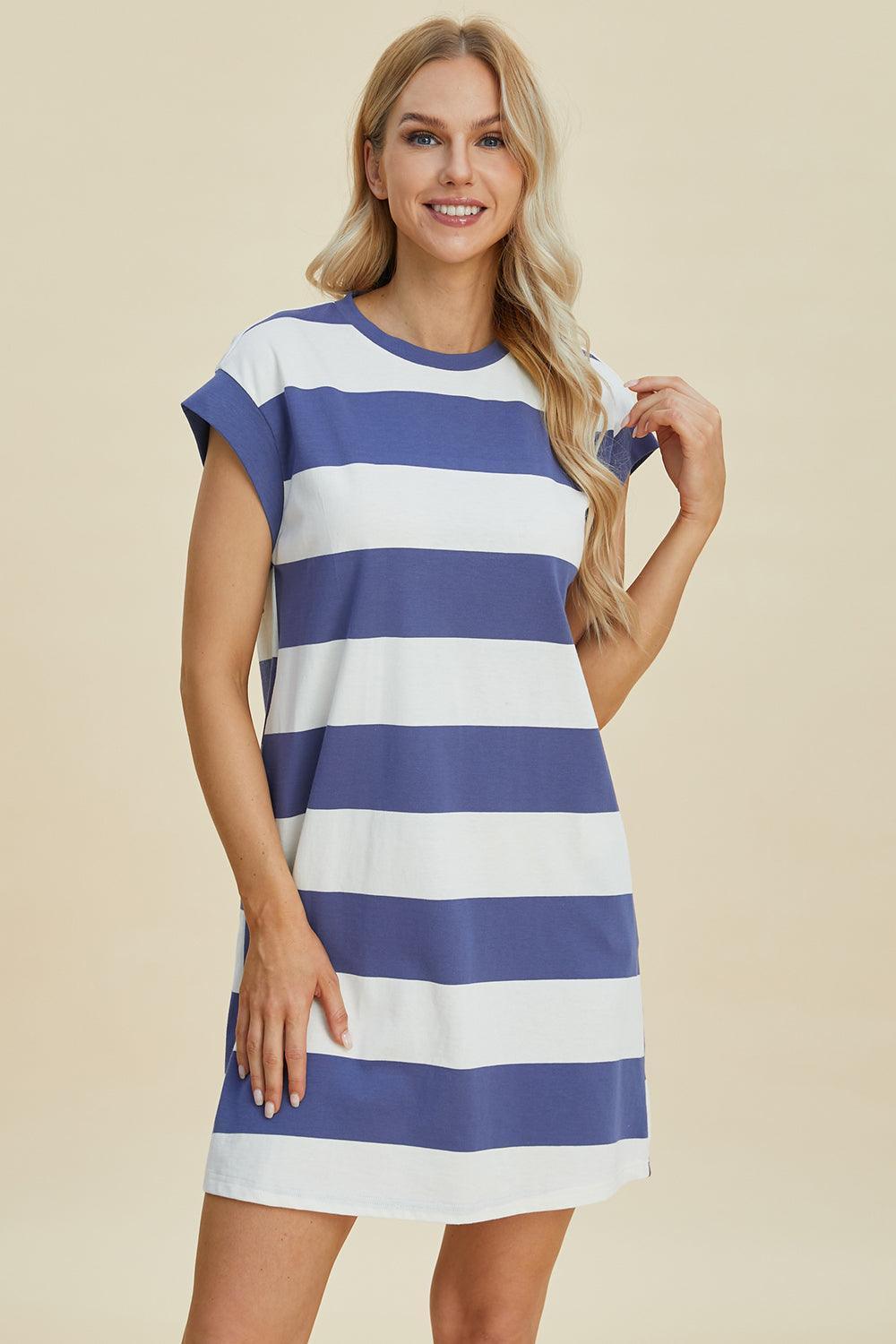 Basic Bae Full Size Striped Round Neck Cap Sleeve Mini Dress - ClubOn