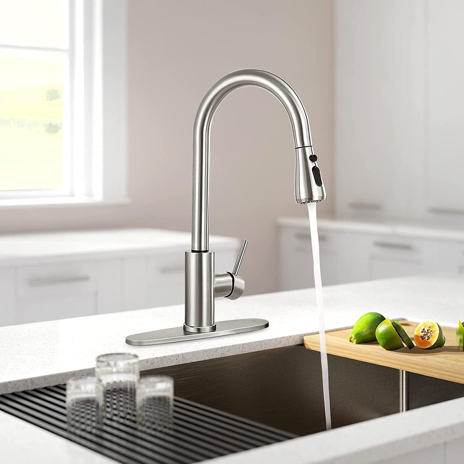Kitchen Faucets with Pull Down Sprayer, Brushed Nickel & SUS304 Stainless Steel, Commercial Modern - ClubOn