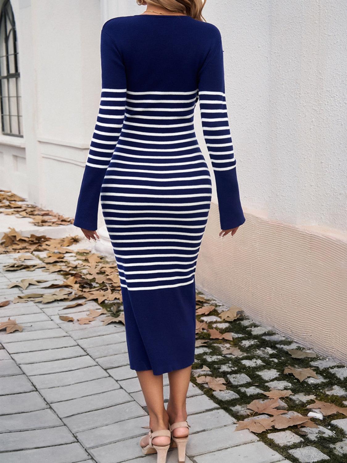 Devine Striped V-Neck Long Sleeve Sweater Dress - ClubOn