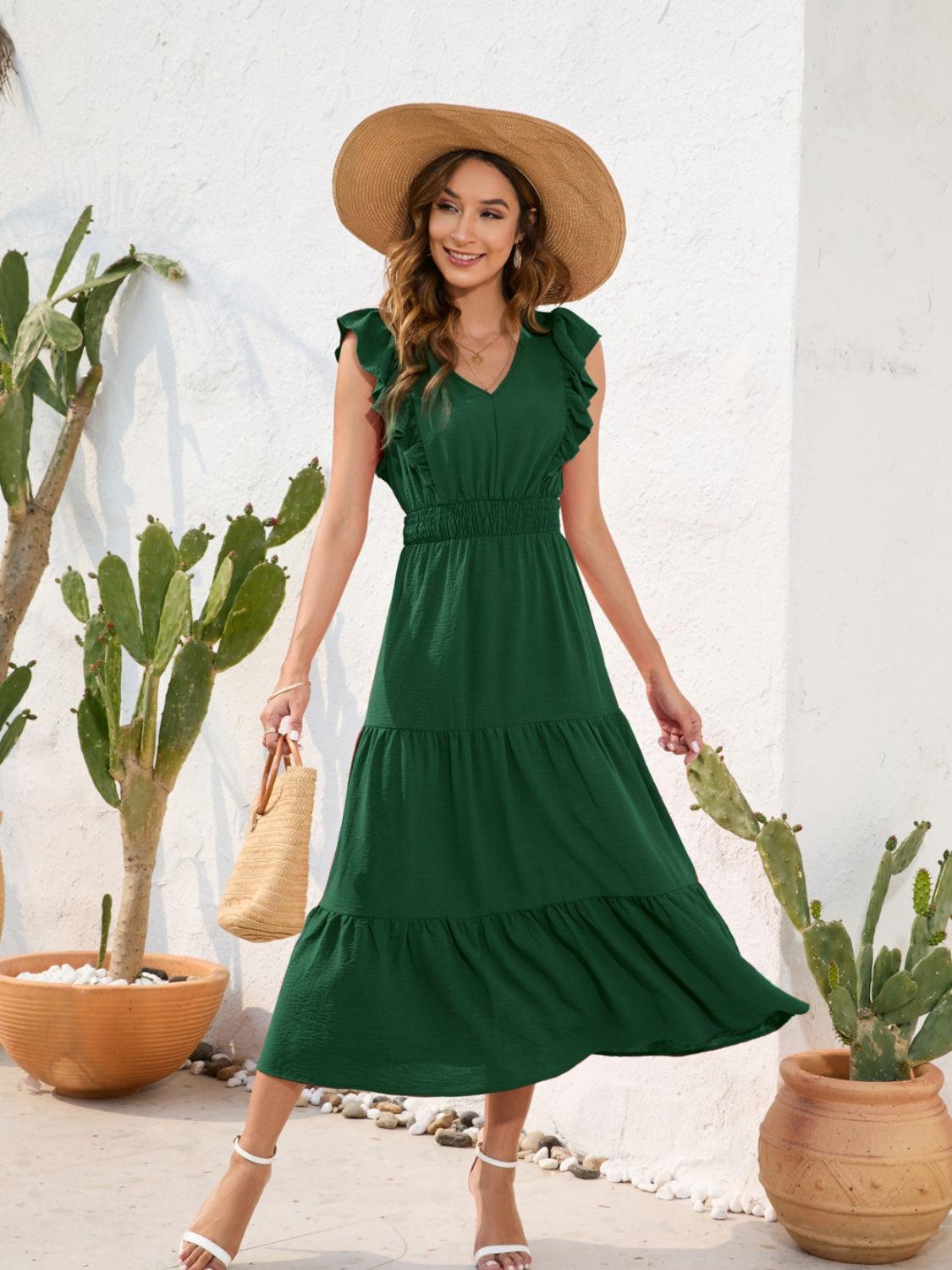 Tiered Ruffled V-Neck Cap Sleeve Dress - ClubOn
