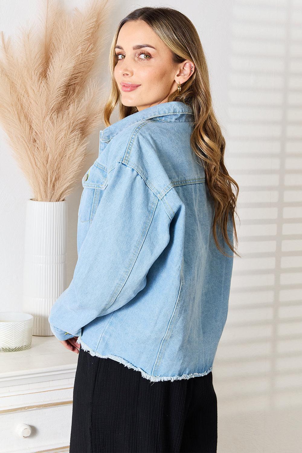 Double Take Dropped Shoulder Raw Hem Denim Jacket - ClubOn