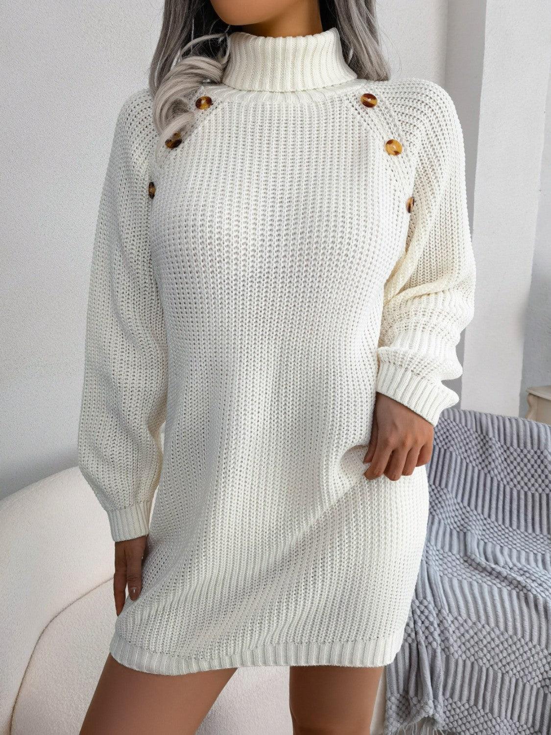 Decorative Button Turtleneck Sweater Dress - ClubOn