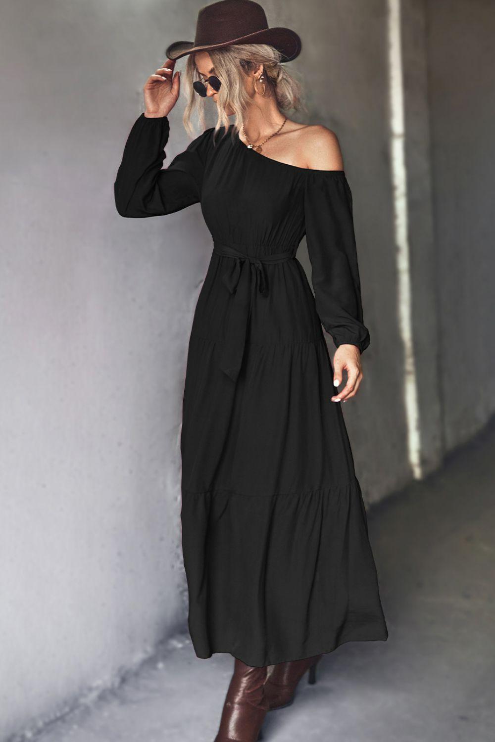 Belted One-Shoulder Tiered Maxi Dress - ClubOn