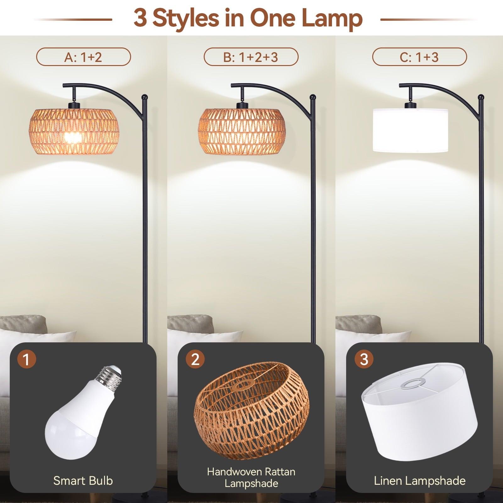 SUNMORY Dimmable Floor Lamp, Black with Rattan & Fabric Double Drum Shade – Boho Farmhouse Tall Lamp for Living Room - ClubOn