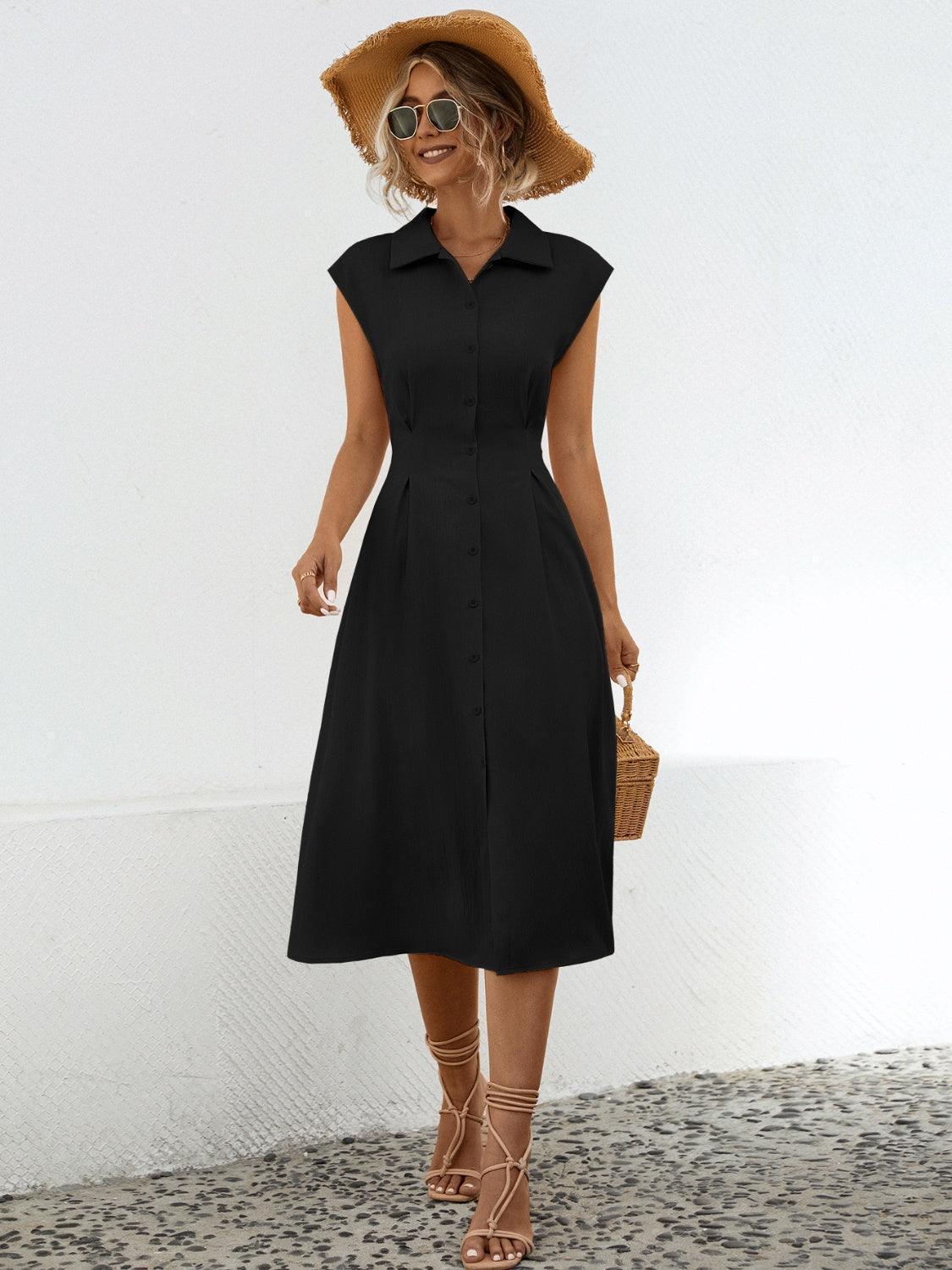 Button Up Cap Sleeve Midi Dress - ClubOn