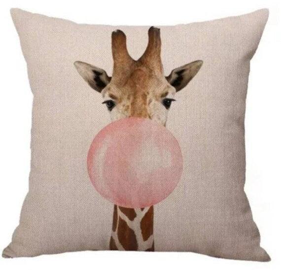 Pink Nordic Animal Pillowcase – Koala & Giraffe Blowing Balloons, Double-Sided Sofa Cushion - ClubOn